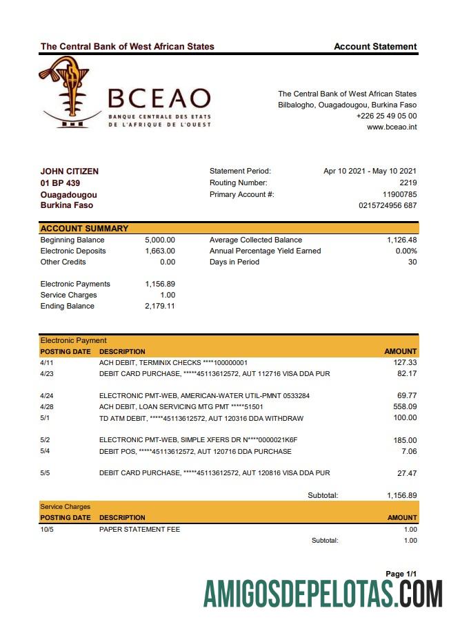 em branco Burkina Faso Extrato bancário do Banco Central dos Estados da África Ocidental Modelo fácil de preencher em formato Excel e PDF